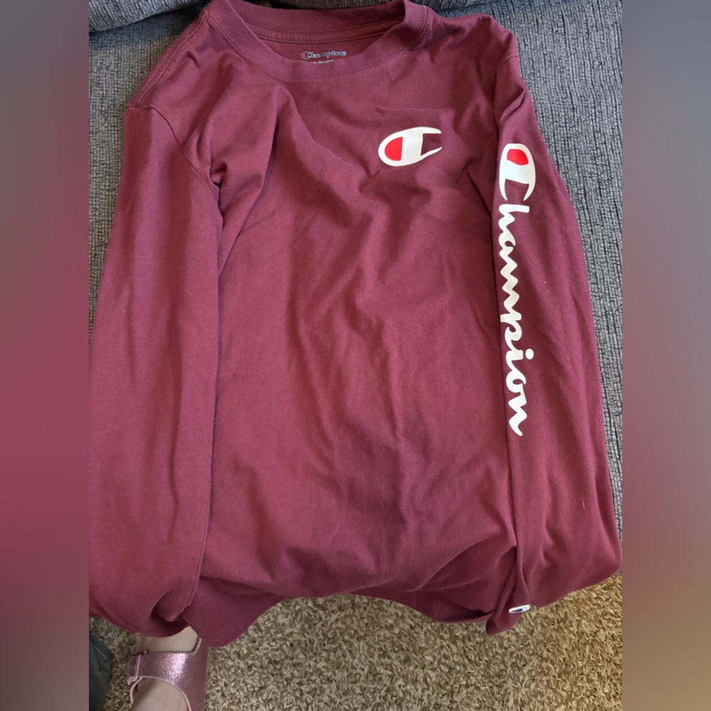 Champion Burgundy Sweatshirt with White Script Sleeve Logo